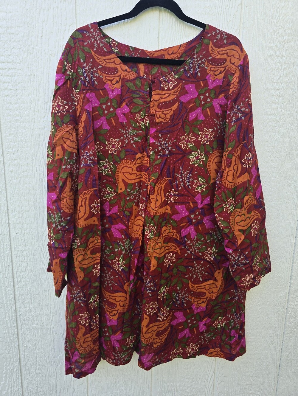 Gudrun Sjoden Batik Floral Bird Dress Blouse Tunic Lagenlook Berry Pink Orange